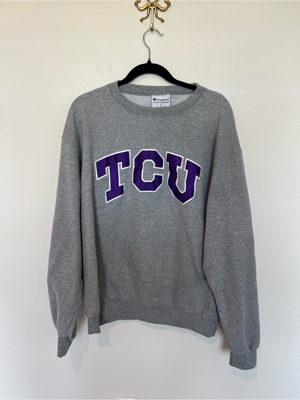 Champion Grey Crewneck Sweatshirt with Purple TCU Applique
